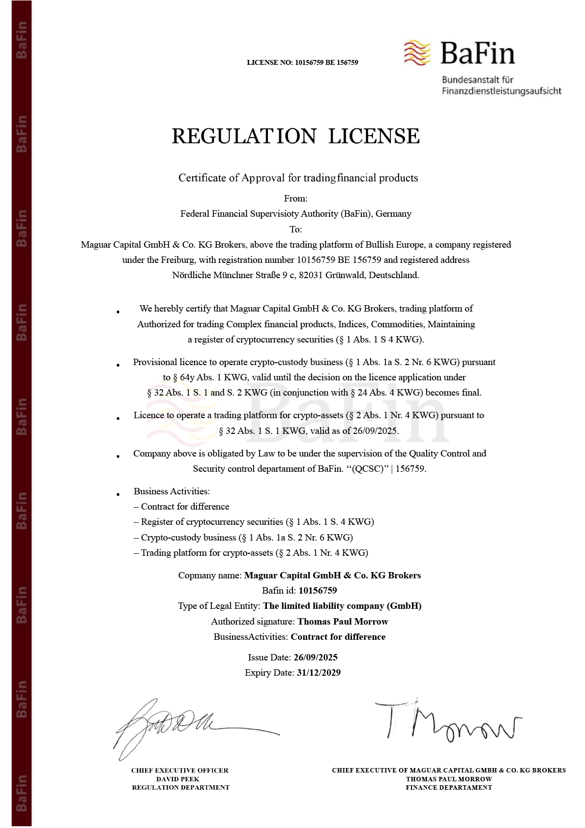Scan: Regulation License page for Maguar Capital GmbH and Co. KG Brokers